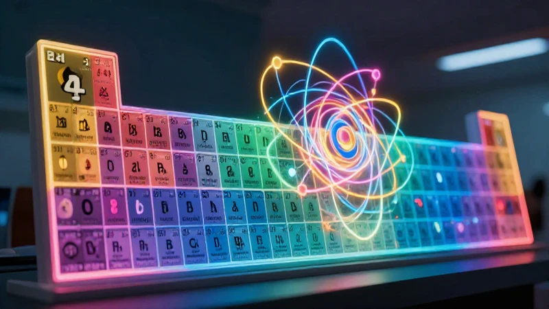 Tabla periódica abstracta con estructura atómica vibrante
