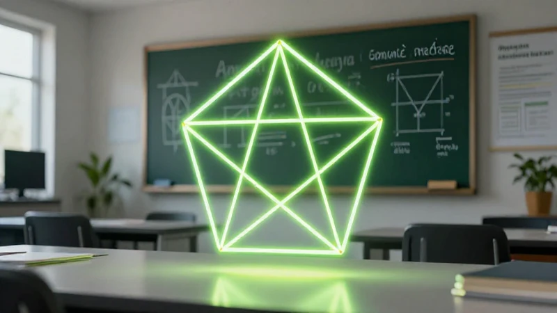 Pentágono geométrico con diagonales neón sobre escritorio