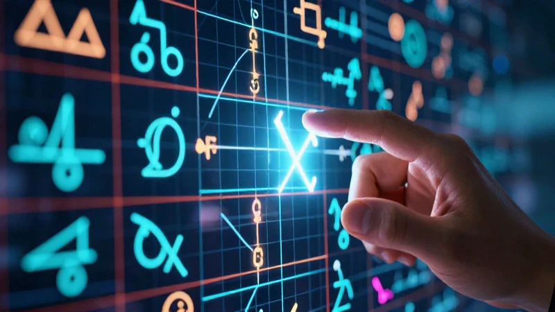 Manos manipulando signos matemáticos abstractos con neón