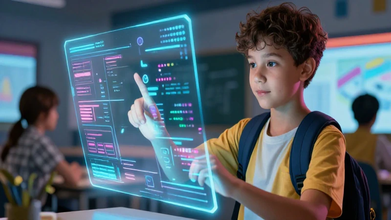 Estudiante interactúa con interfaz holográfica moderna