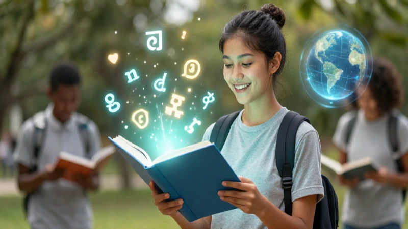 Joven alegre su libro brilla con símbolos y un globo
