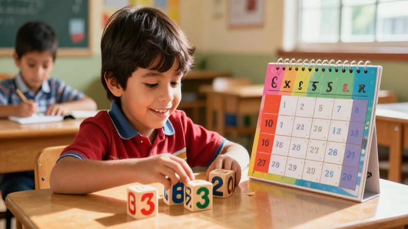 Niño mexicano aprende con bloques y calendario colorido