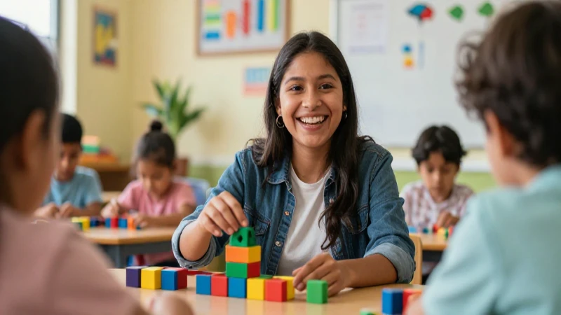 Joven educadora vibrante con bloques indígenas
