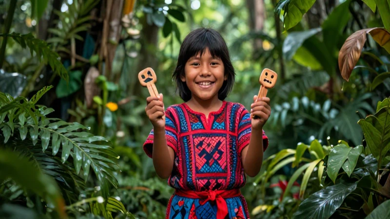 Niño alegre en jungla, ilustrando cultura con fichas