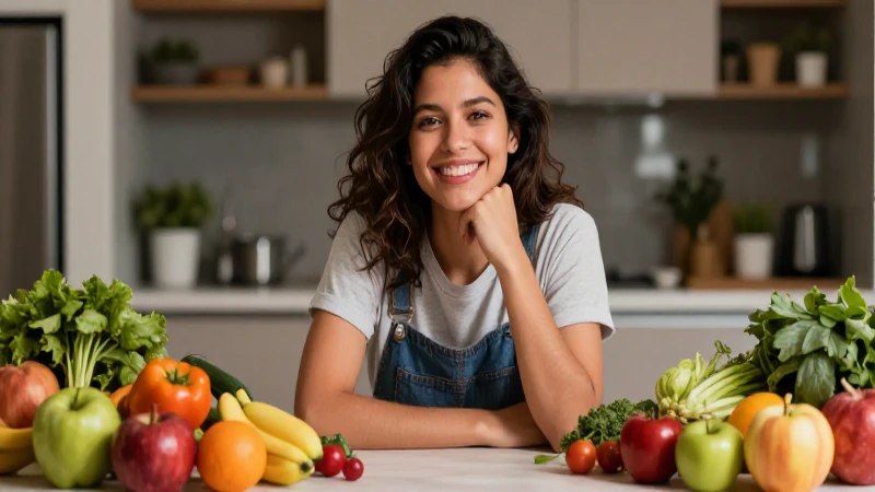Nutrición, Comunicación y Afecto: Claves para el Bienestar 6 Joven mexicana vibrante rodeada de alimentos frescos