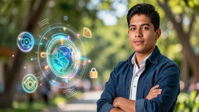 Educador mexicano con gramática holográfica vibrante
