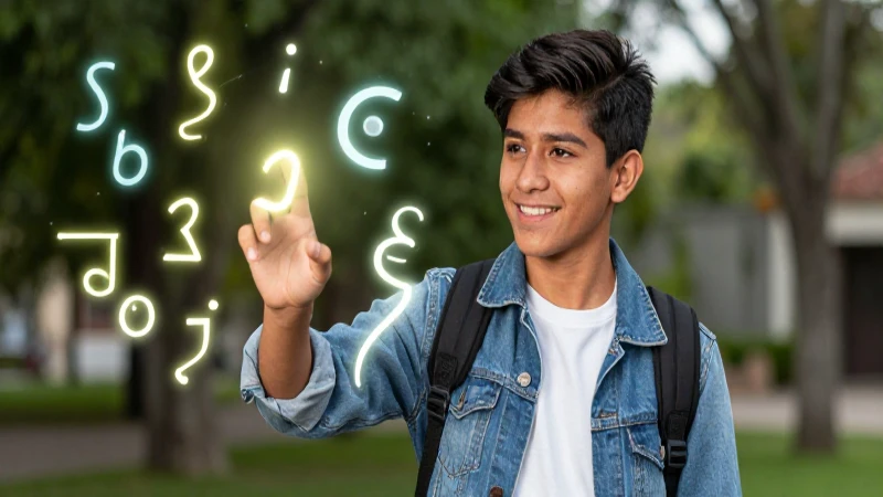 50 ejemplos de objetos directos e indirectos 9 Joven estudiante interactúa con símbolos gramaticales luminosos
