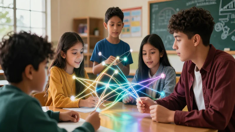 Estudiantes colaboran en clase moderna y vibrante