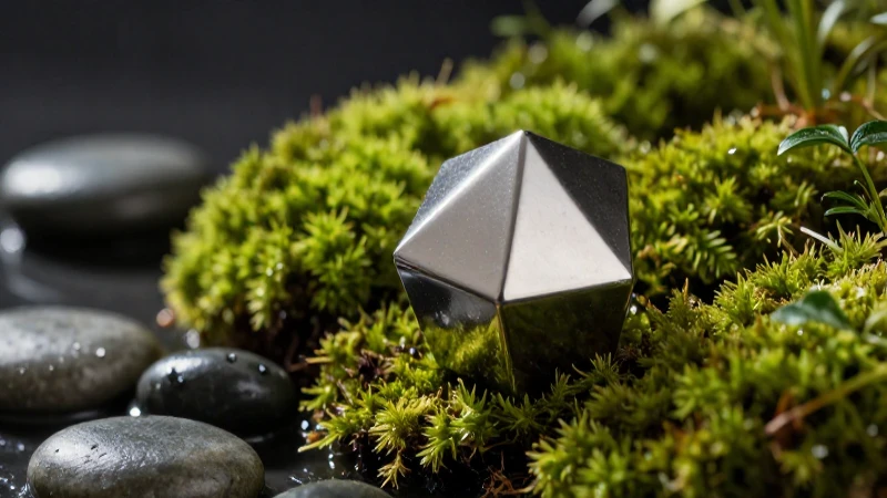 Metal geométrico y musgo en alto contraste
