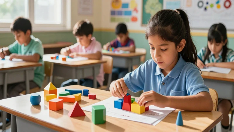 Niño mexicano clasifica objetos geométricos en un aula