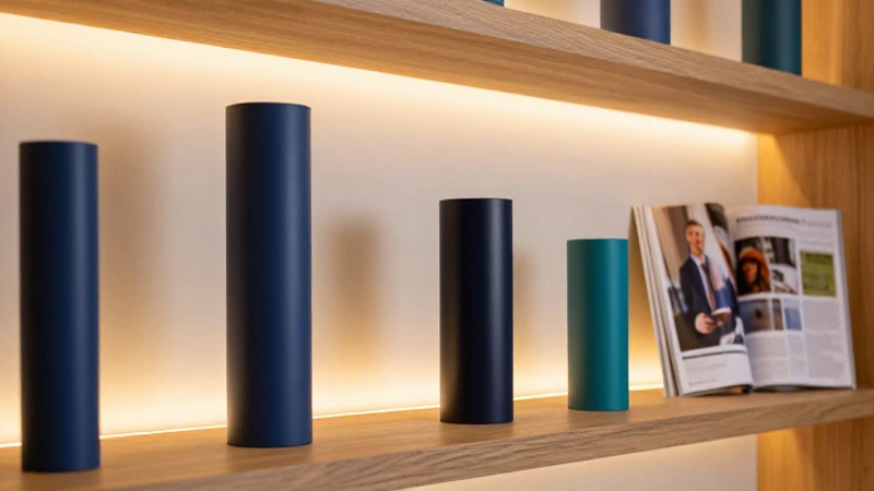 Cilindros decorativos modernos en estantes minimalistas