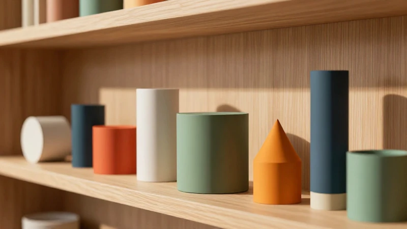 Objetos geométricos vibrantes en estante minimalista