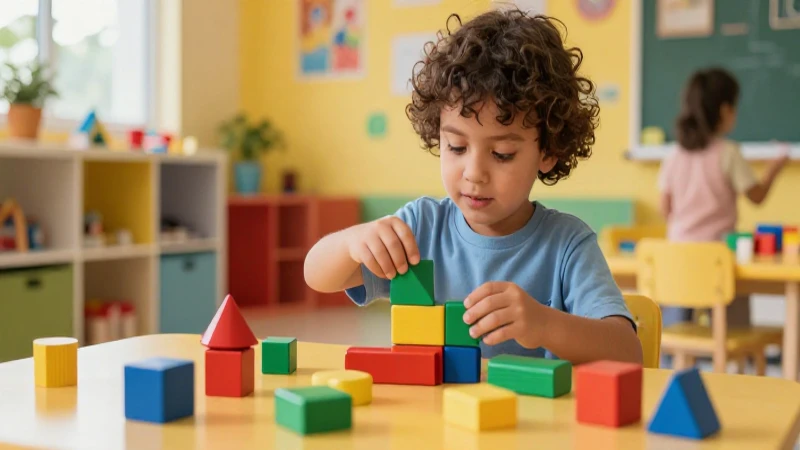 Niño jugando con bloques didácticos en entorno mexicano