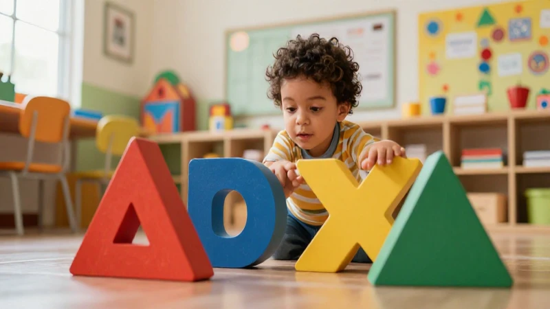 Niño y formas geométricas en aula moderna