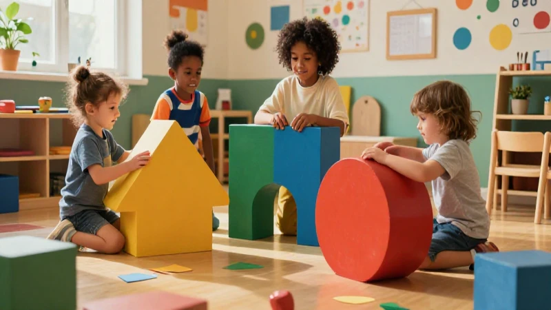 Niños interactúan con formas geométricas brillantes en clase