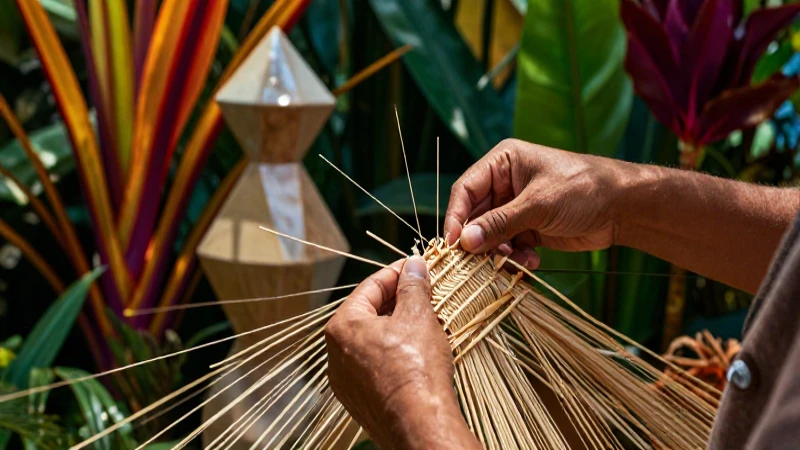 Manos tejen fibra junto a escultura geométrica
