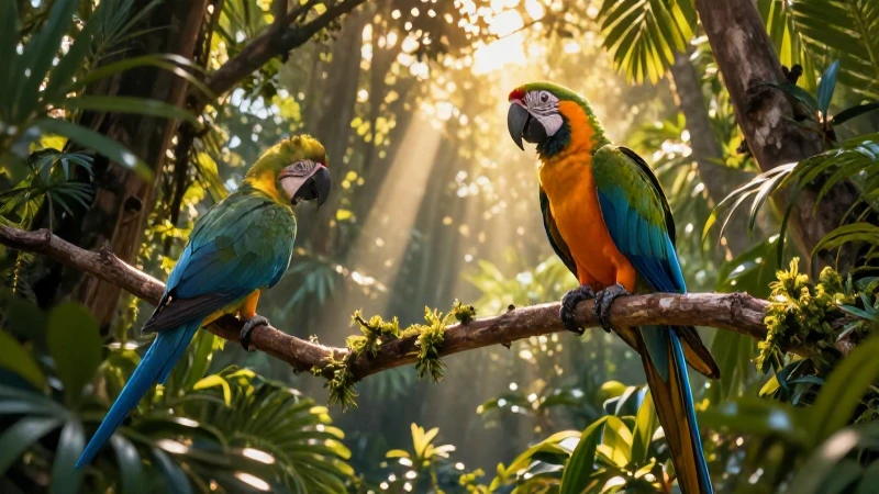   Macaw vibrante bajo luz tropical