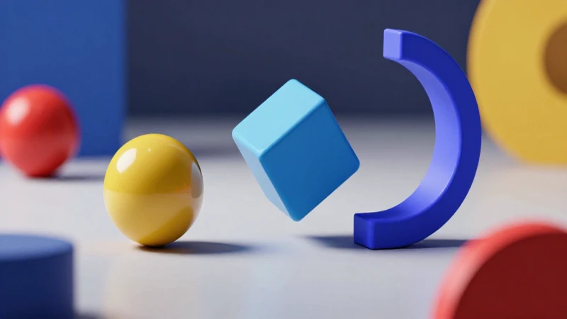 Objetos que ruedan: figuras geométricas y curvas presentes 4 Es una composición dinámica de esferas y cubos rodando