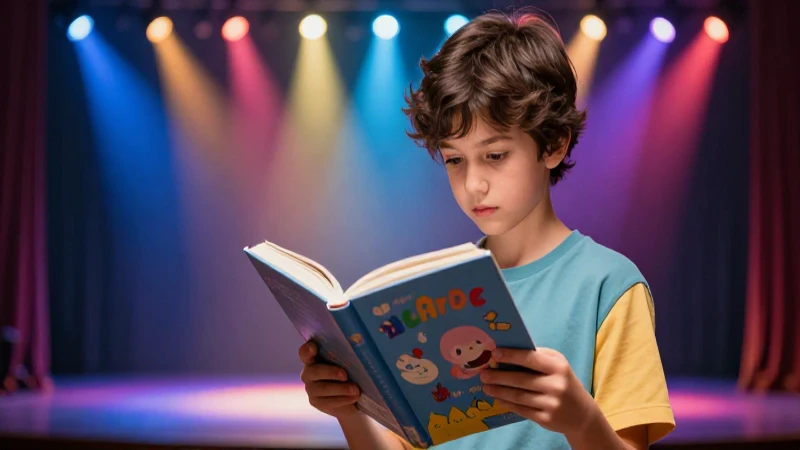 Estudiante leyendo un libro en un escenario vibrante