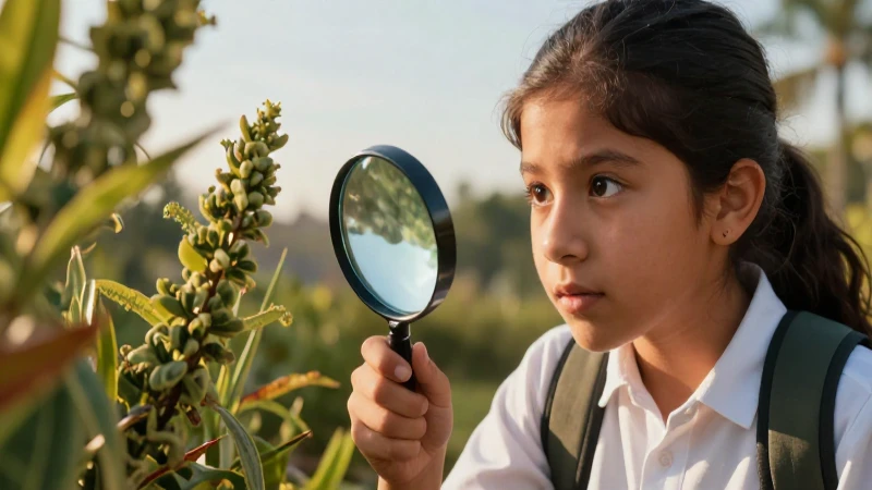 Estudiante mexicano examina naturaleza con lupa