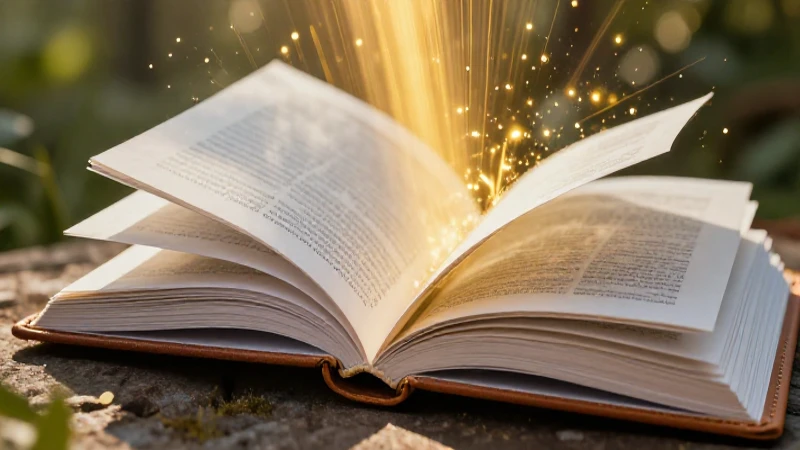Libro abierto dorado con luz mágica y partículas brillantes