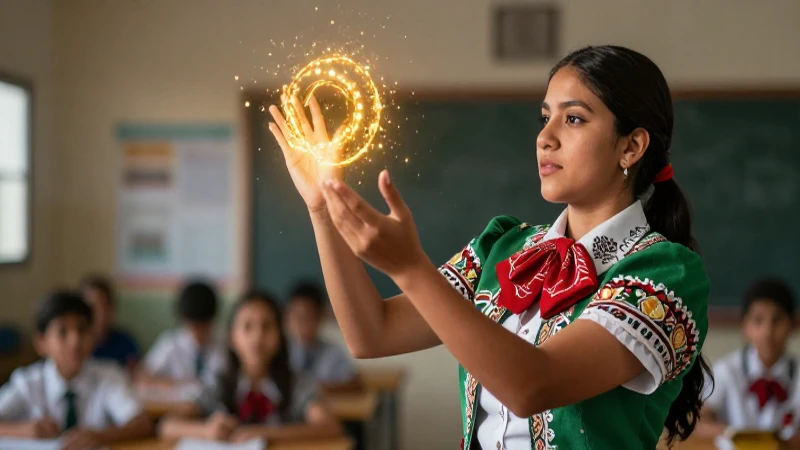 Ilustración vibrante de educador mexicano en un momento dorado