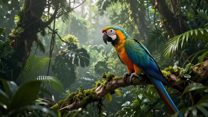 Oceánico: características, tipos, flora y fauna explicados 6 Macaw majestuoso en selva brumosa y vibrante