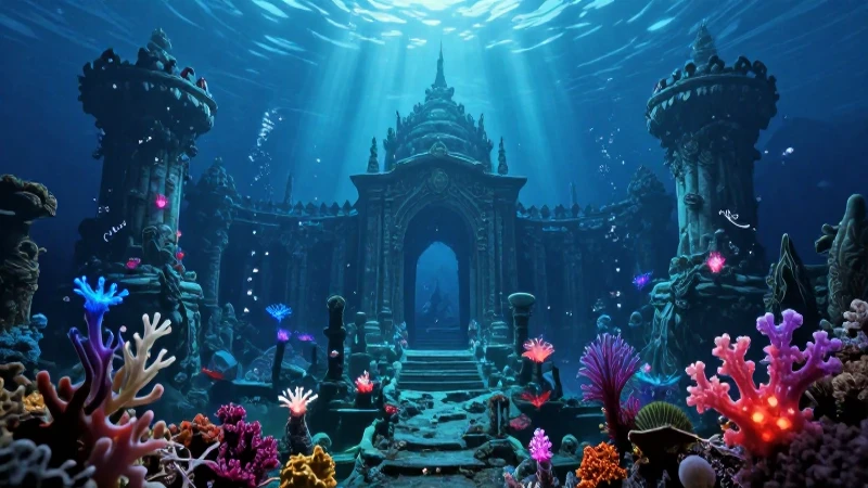 Ruinas atlánticas majestosas en un océano bioluminoso y realista