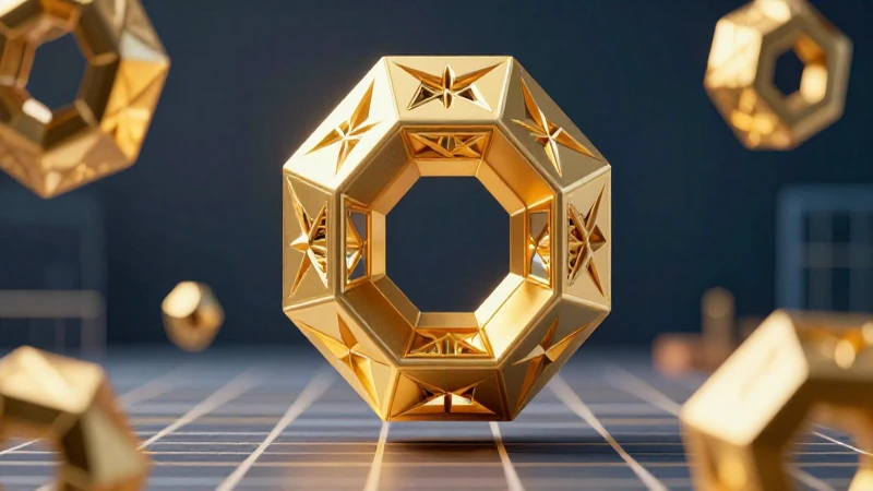 Octógono dorado 3D flota sobre una cuadrícula educativa