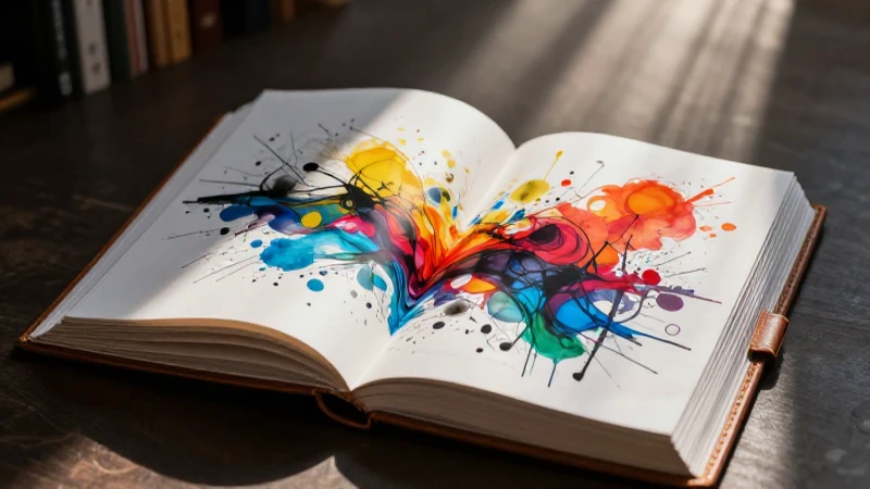 Libro abierto con ilustración abstracta y luz dramática
