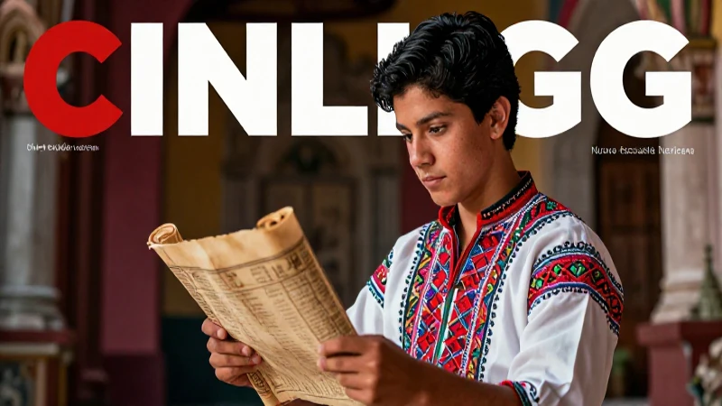 Ilustración de estudiante mexicano leyendo pergamino histórico