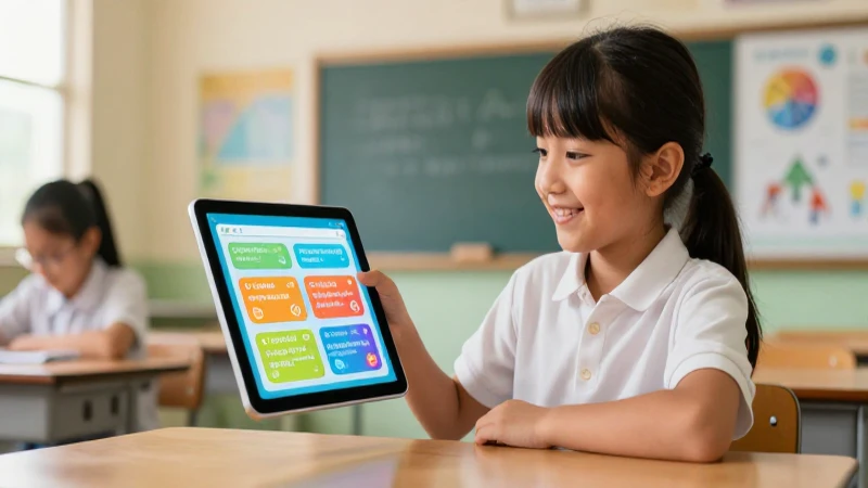 Estudiante sonriente usa tecnología educativa moderna