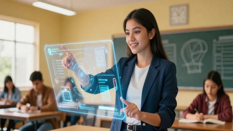 Estudiante interactúa con holograma educativo moderno