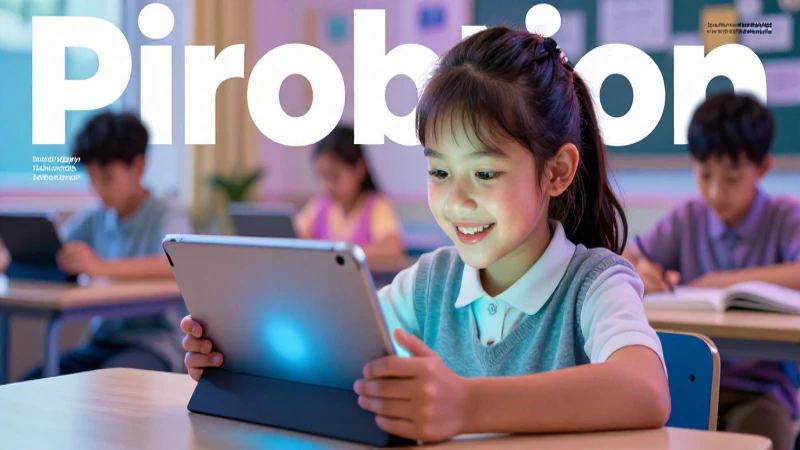 Estudiante sonriente interactúa con tablet digital en entorno moderno