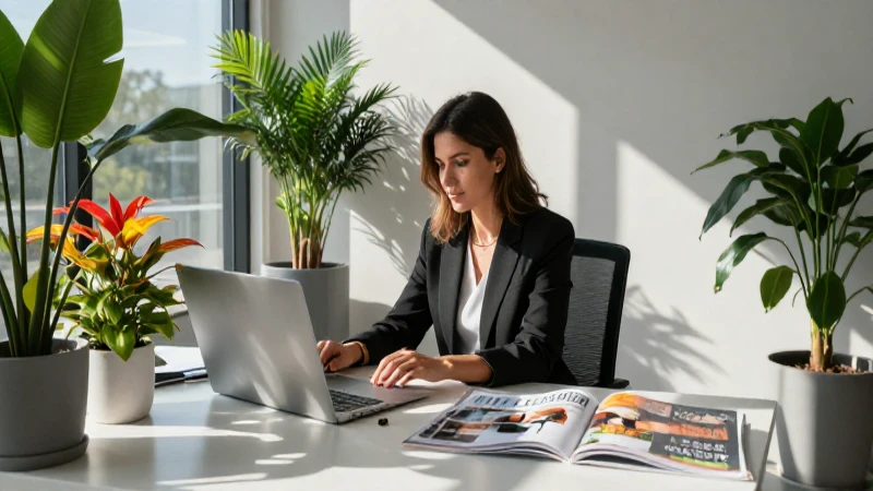Mujer profesional en oficina minimalista y luminosa