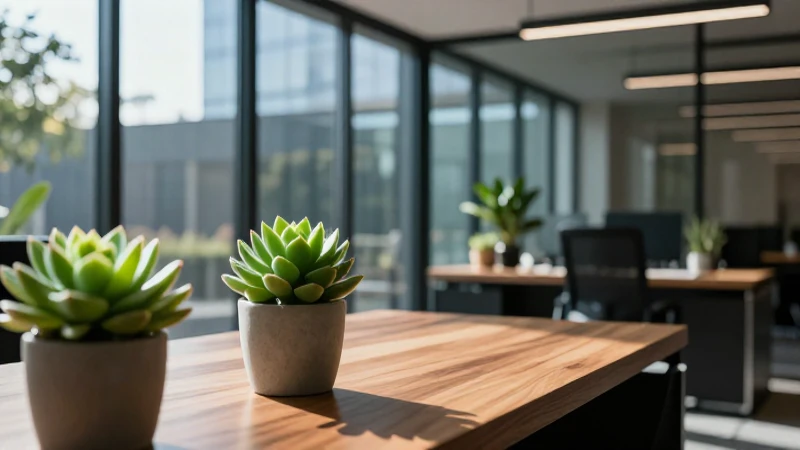 Oficina moderna con escritorio de madera y mucha luz natural