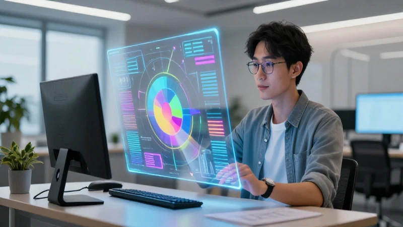 Qué es la ofimática y cuáles son sus herramientas clave 4 Profesional joven interactúa con datos holográficos futuristas