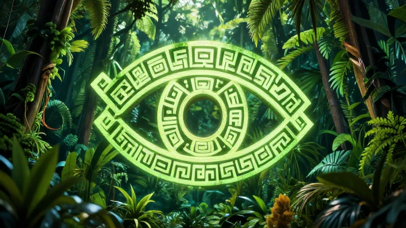Ojo maya estilizado en selva verde y detallada