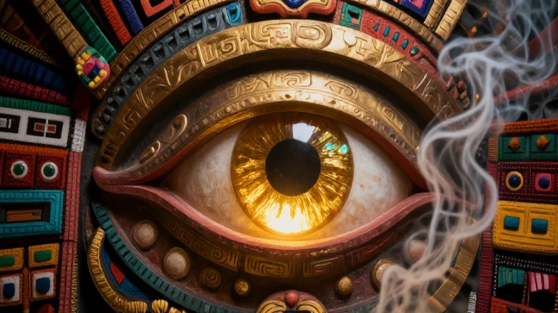 Ojo ceremonial Kaqchikel dorada con ambiente maya