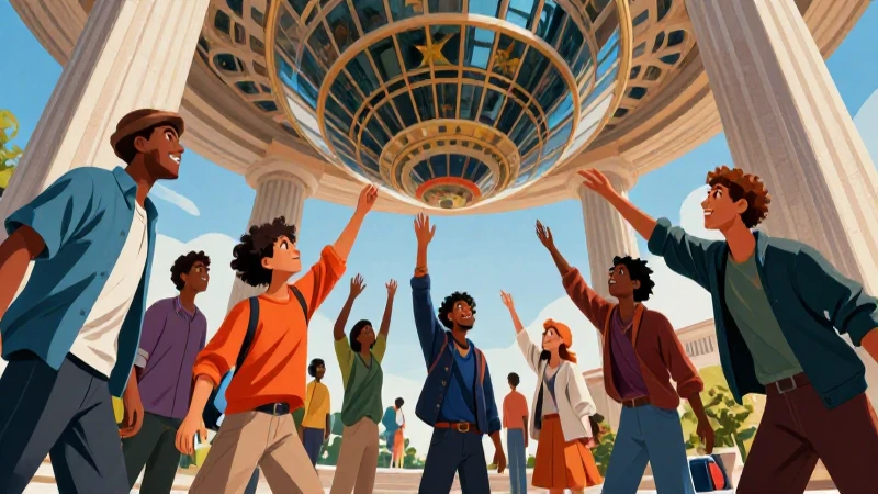 Arquitectura imponente con figuras comunitarias en vibrante revista