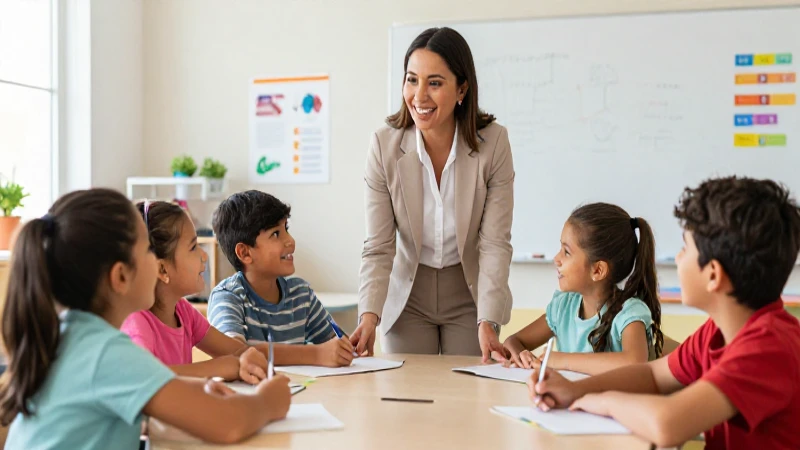 Educador guía niños en moderna aula mexicana