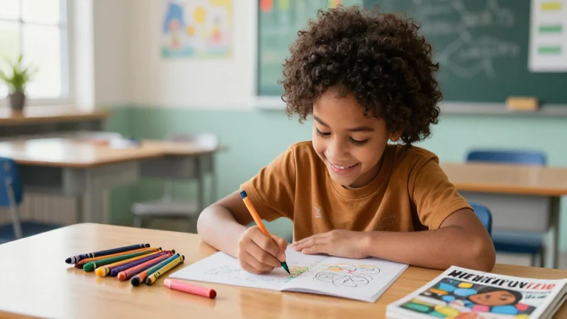 Estudiante alegre coloreando en un aula vibrante