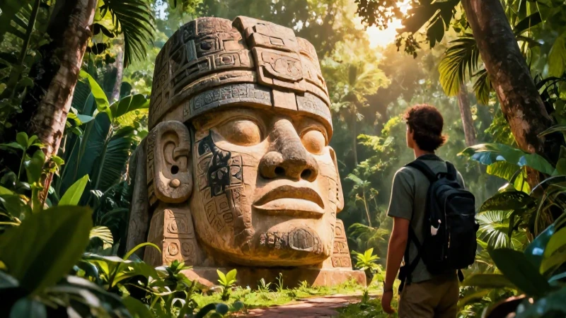 Cabeza Olmec en selva bajo luz dorada