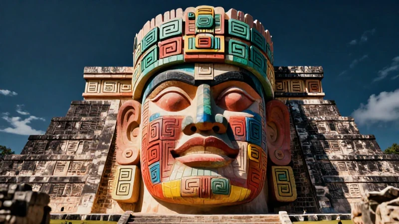 Cabeza olmeca majestuosa en fondo de pirámide