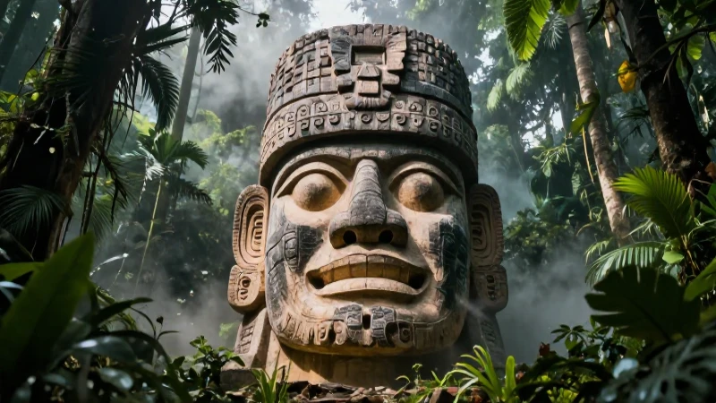 Cabeza Olmec monumental emerge de la selva antigua