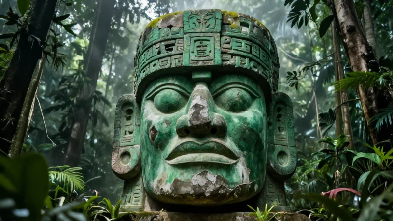 Cabeza olmeca monumental en exuberante jungla