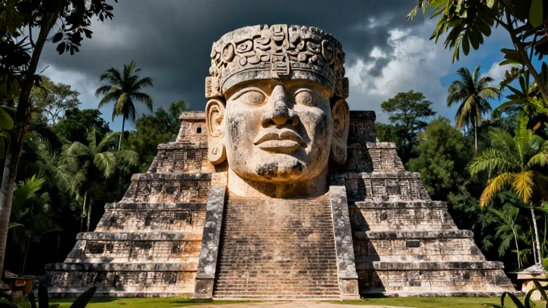 Gigante cabeza Olmec junto a pirámide