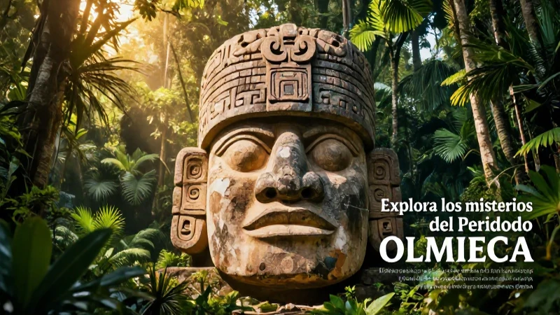 Cabeza Olmeca dorada en exuberante jungla