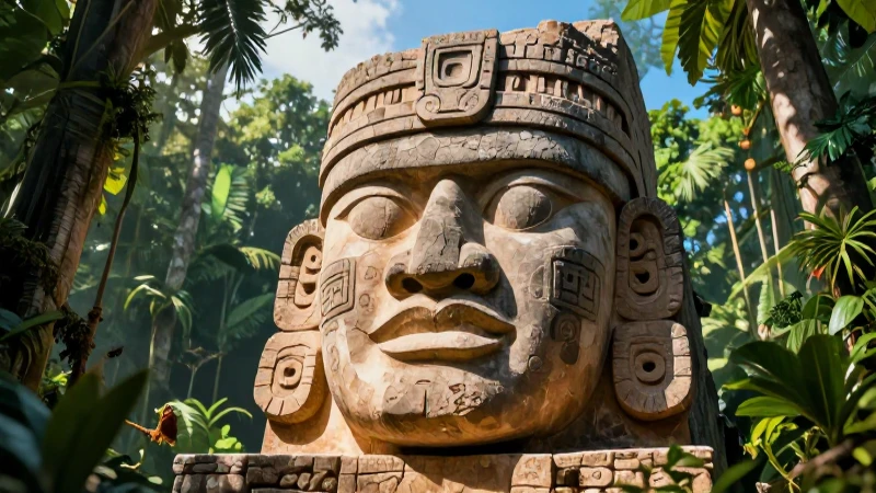 Olmecas: Historia, Cultura y Legado Revelados 6 Cabeza olmeca de basalto en una jungla misteriosa