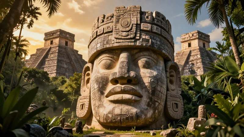 Olmecas: Historia, Cultura y Legado Revelados 4 Cabezón Olmeca polido en densa selva mesoamericana